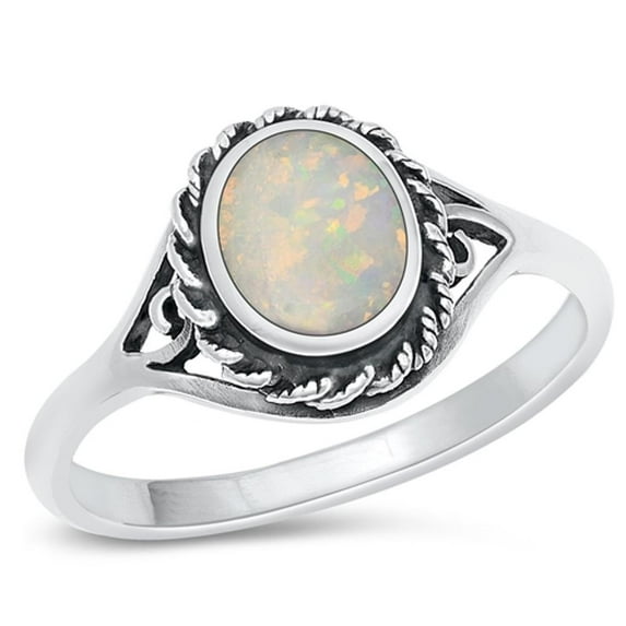CHOOSE YOUR COLOR Oval White Simulated Opal Chunk Ring .925 Sterling Silver Band CZ Female Size 5
