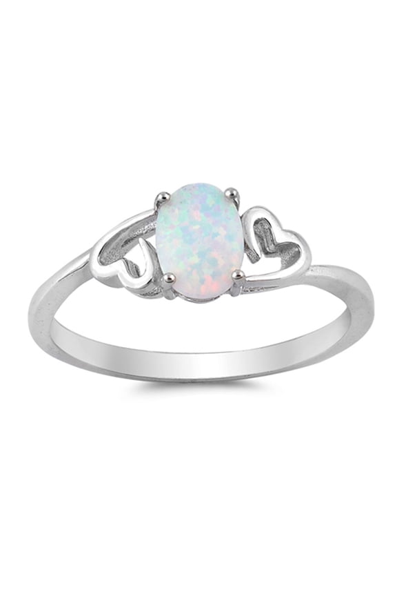 CHOOSE YOUR COLOR Oval White Simulated Opal Heart Promise Ring .925 Sterling Silver Band CZ Female Size 4