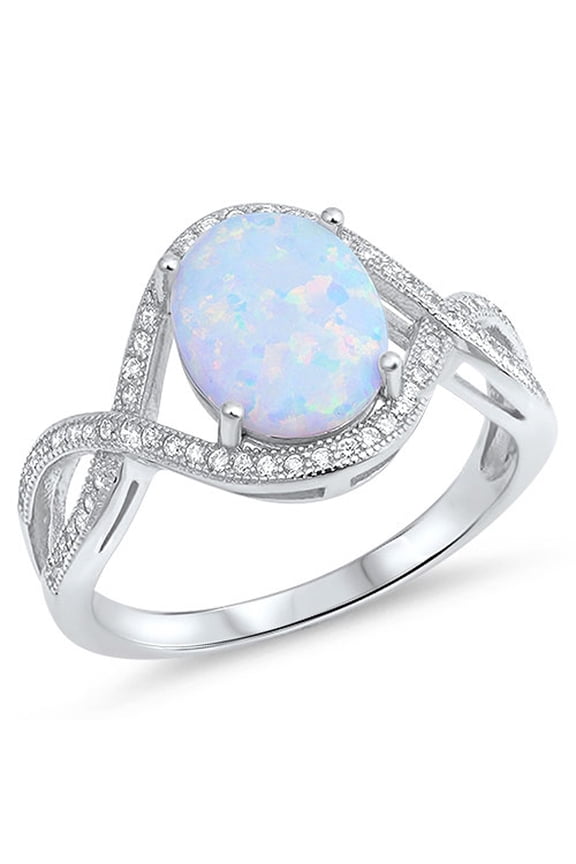 CHOOSE YOUR COLOR Oval White Simulated Opal Infinity Ring .925 Sterling Silver Knot Band CZ Female Size 9