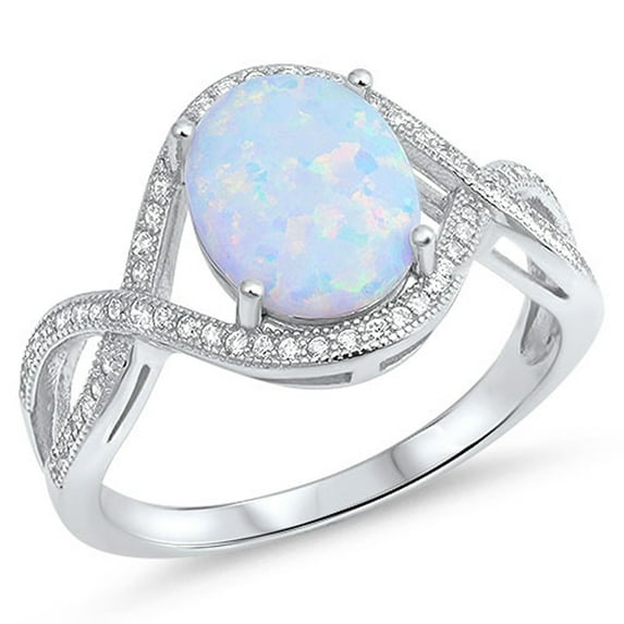 CHOOSE YOUR COLOR Oval White Simulated Opal Infinity Ring .925 Sterling Silver Knot Band CZ Female Size 9
