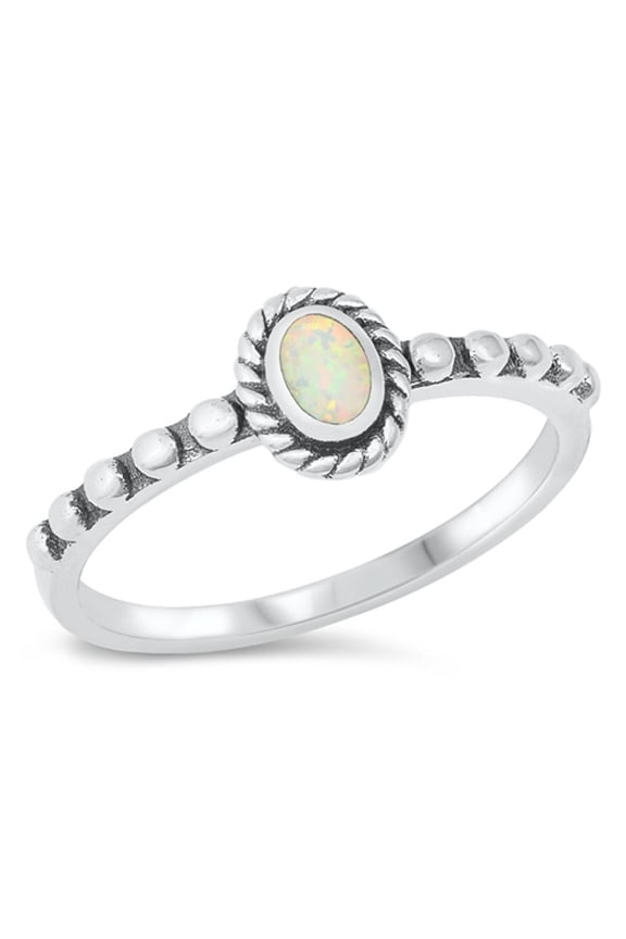 CHOOSE YOUR COLOR Oval White Simulated Opal Promise Bali Ring .925 Sterling Silver Band CZ Female Size 5