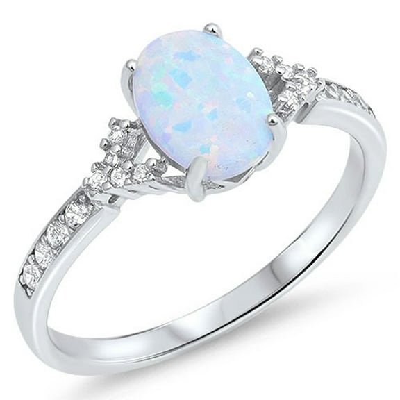 CHOOSE YOUR COLOR Oval White Simulated Opal Ring .925 Sterling Silver Band CZ Female Size 7