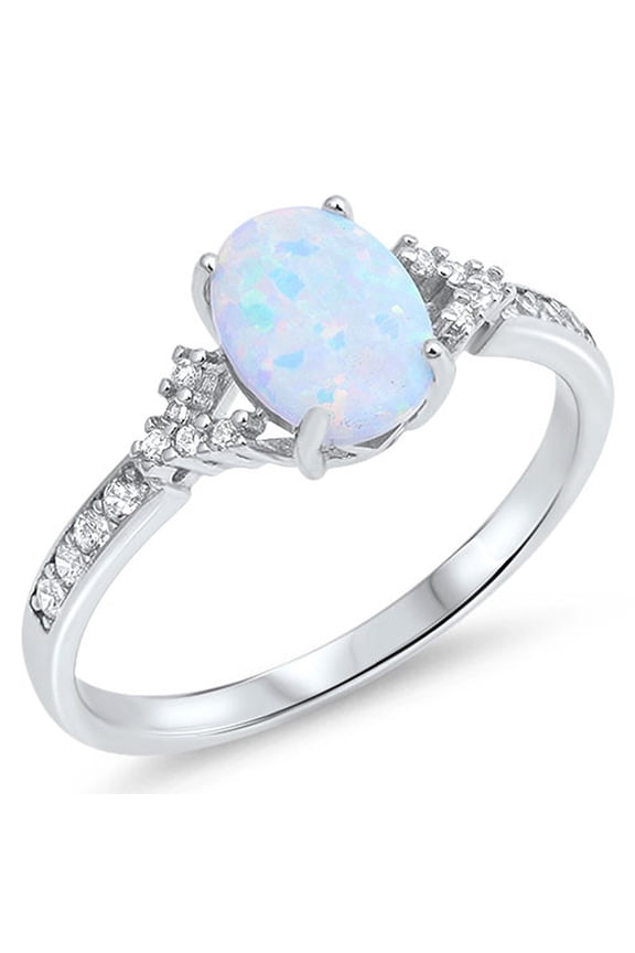 CHOOSE YOUR COLOR Oval White Simulated Opal Ring .925 Sterling Silver Band CZ Female Size 8