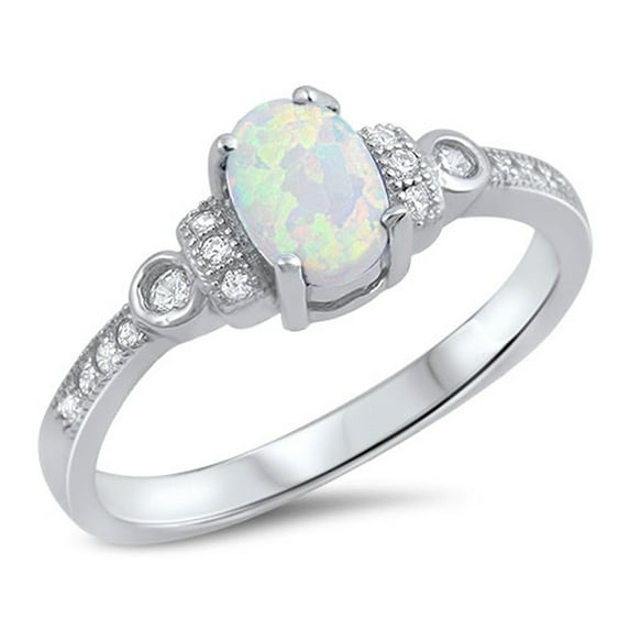 CHOOSE YOUR COLOR Oval White Simulated Opal Vintage Ring .925 Sterling Silver Band CZ Female Size 5