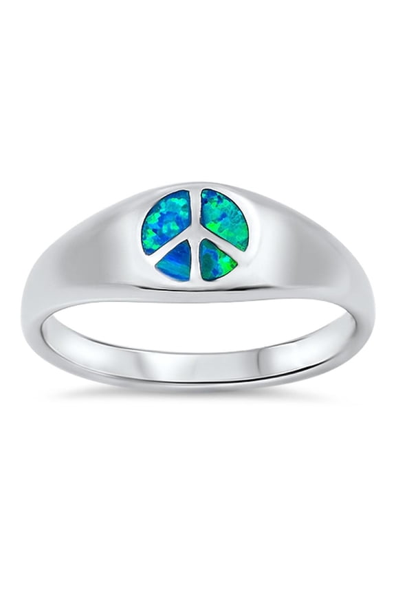 CHOOSE YOUR COLOR Peace Sign Love Ring Blue Simulated Opal .925 Sterling Silver Band CZ Female Size 7
