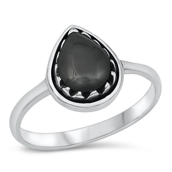 CHOOSE YOUR COLOR Pear Simulated Black Onyx Ring .925 Sterling Silver Band CZ Female Size 7