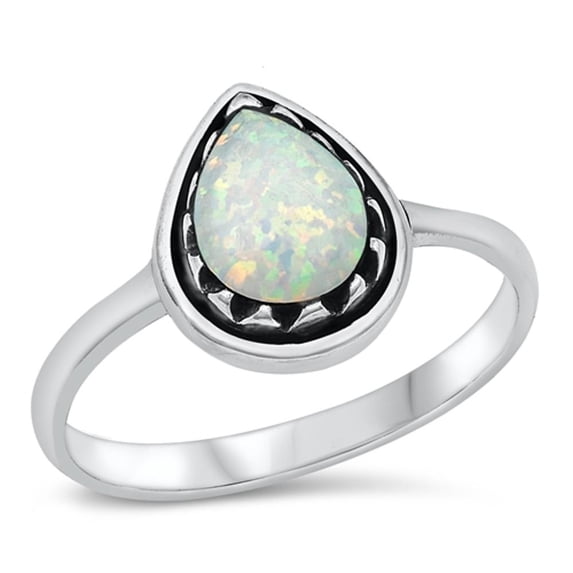 CHOOSE YOUR COLOR Pear White Simulated Opal Ring .925 Sterling Silver Band CZ Female Size 6