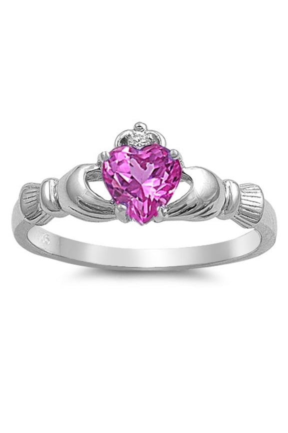 CHOOSE YOUR COLOR Pink CZ Claddagh Friendship Ring .925 Sterling Silver Band Female Size 11