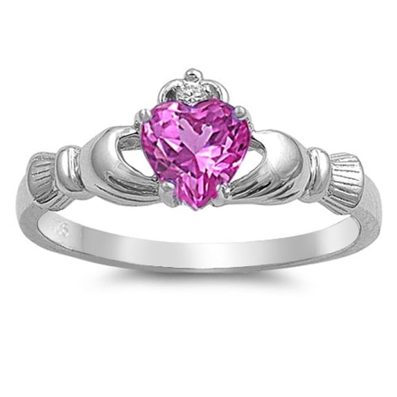 CHOOSE YOUR COLOR Pink CZ Claddagh Friendship Ring .925 Sterling Silver Band Female Size 6