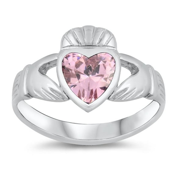 CHOOSE YOUR COLOR Pink CZ Claddagh Heart Friendship Ring .925 Sterling Silver Band Female Size 4