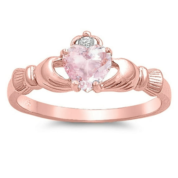 CHOOSE YOUR COLOR Pink CZ Rose Gold-Tone Heart Claddagh Ring .925 Sterling Silver Band Female Size 5