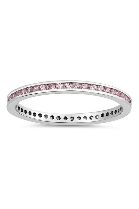 CHOOSE YOUR COLOR Pink CZ Round Eternity Stackable Ring .925 Sterling Silver Band Female Size 4