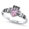 thumbnail image 1 of CHOOSE YOUR COLOR Pink Cubic Zirconia Promise Claddagh Ring .925 Sterling Silver Band Female Size 10, 1 of 4