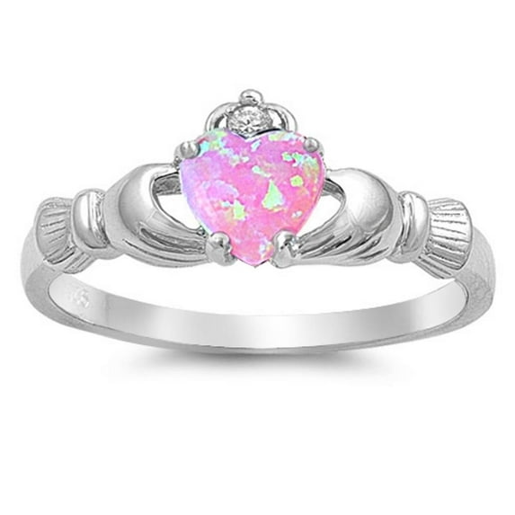 CHOOSE YOUR COLOR Pink Simulated Opal Claddagh Ring .925 Sterling Silver Thumb Band White CZ Female Size 5