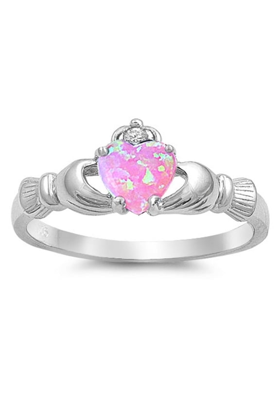 CHOOSE YOUR COLOR Pink Simulated Opal Claddagh Ring .925 Sterling Silver Thumb Band White CZ Female Size 7