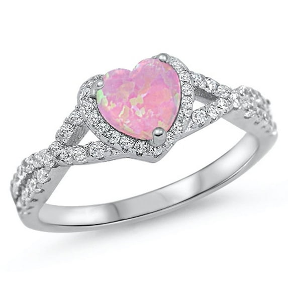 CHOOSE YOUR COLOR Pink Simulated Opal Halo Heart Promise Ring .925 Sterling Silver Knot Band White CZ Female Size 11