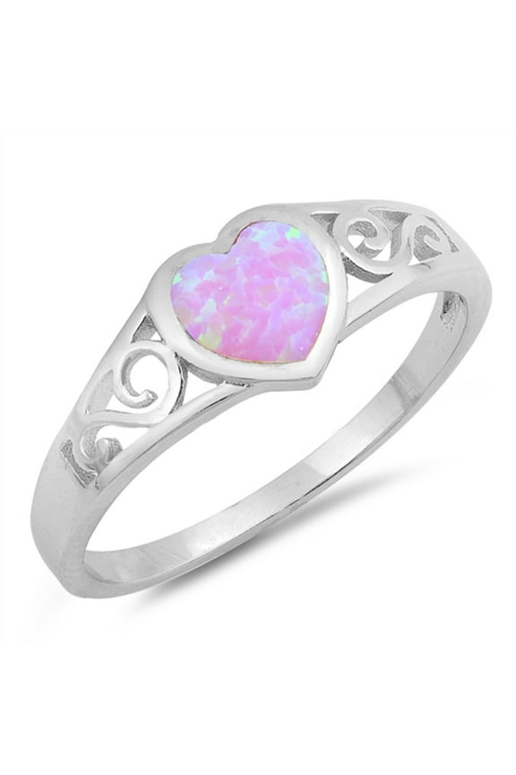 CHOOSE YOUR COLOR Pink Simulated Opal Heart Promise Filigree Swirl Ring Sterling Silver Band CZ Female Size 6