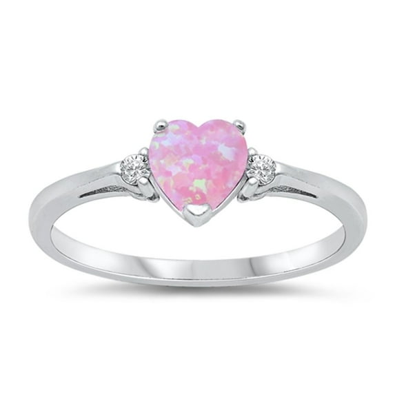 CHOOSE YOUR COLOR Pink Simulated Opal Heart Promise Ring .925 Sterling Silver Band White CZ Female Size 5