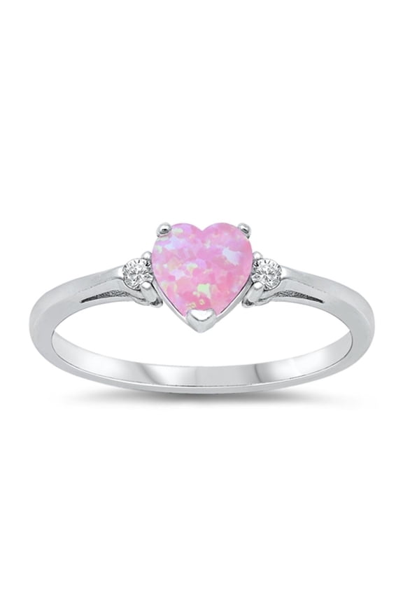CHOOSE YOUR COLOR Pink Simulated Opal Heart Promise Ring .925 Sterling Silver Band White CZ Female Size 6