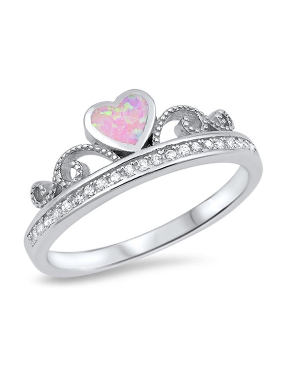 CHOOSE YOUR COLOR Pink Simulated Opal Heart Swirl Promise Love Ring Sterling Silver Band White CZ Female Size 4