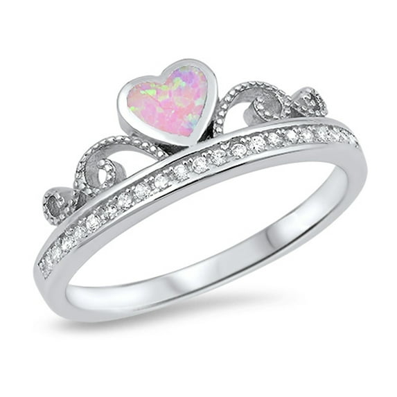 CHOOSE YOUR COLOR Pink Simulated Opal Heart Swirl Promise Love Ring Sterling Silver Band White CZ Female Size 7