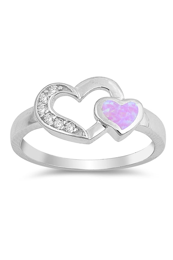 CHOOSE YOUR COLOR Pink Simulated Opal Two Hearts Love Ring .925 Sterling Silver Band White CZ Female Size 5