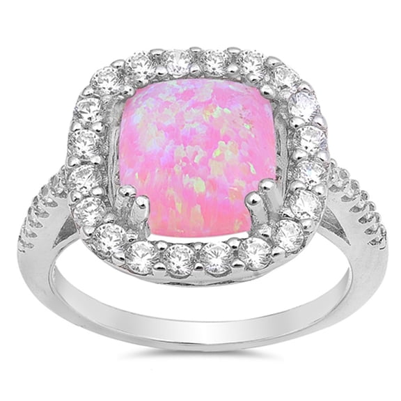 CHOOSE YOUR COLOR Pink Simulated Opal Wedding Halo Ring .925 Sterling Silver Band White CZ Female Size 5