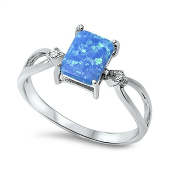CHOOSE YOUR COLOR Princess Cut Blue Simulated Opal White CZ Ring 925 Sterling Silver Band Female Size 8