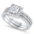 thumbnail image 1 of CHOOSE YOUR COLOR Princess Square Halo Clear CZ Wedding Ring Set Sterling Silver Band White Female Size 9, 1 of 4