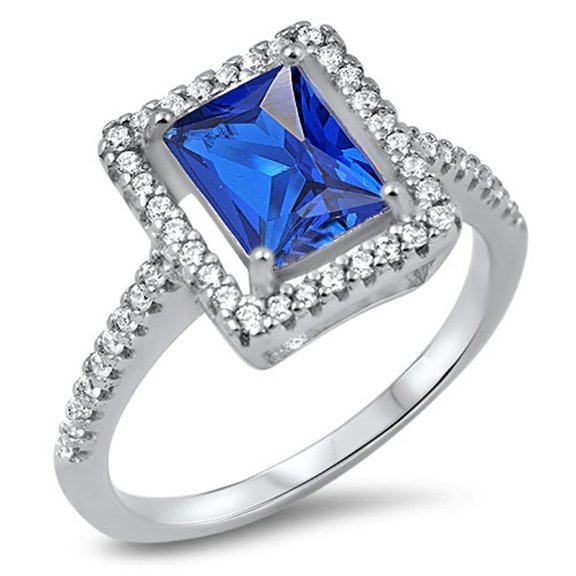 CHOOSE YOUR COLOR Rectangle Blue Simulated Sapphire Halo Ring .925 Sterling Silver Band CZ Female Size 9