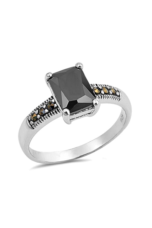 CHOOSE YOUR COLOR Rectangle Long Black CZ Ring .925 Sterling Silver Band Jewelry Female Size 7