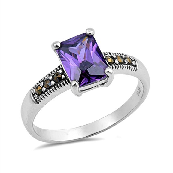 CHOOSE YOUR COLOR Rectangle Simulated Amethyst Ring .925 Sterling Silver Band Purple CZ Female Size 5