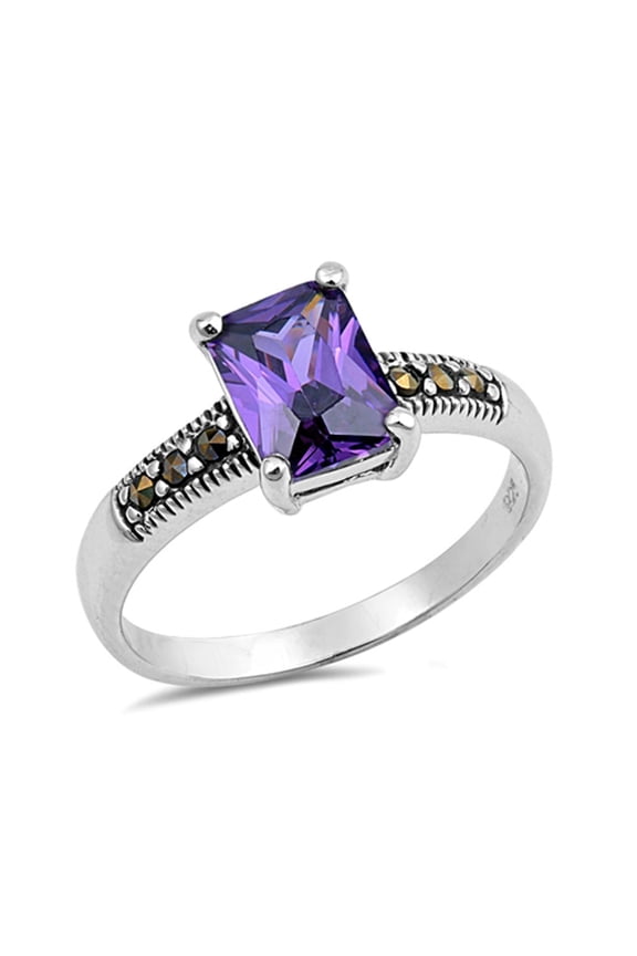 CHOOSE YOUR COLOR Rectangle Simulated Amethyst Ring .925 Sterling Silver Band Purple CZ Female Size 5