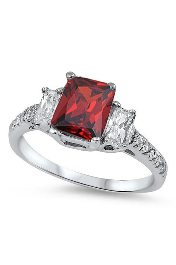 CHOOSE YOUR COLOR Rectangle Simulated Garnet Ring .925 Sterling Silver Band Red CZ Female Size 10