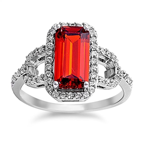 CHOOSE YOUR COLOR Rectangle Simulated Garnet Vintage Halo Ring .925 Sterling Silver Band Red CZ Female Size 9