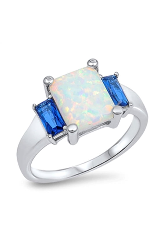 CHOOSE YOUR COLOR Rectangle White Simulated Opal Blue Simulated Sapphire Ring .925 Sterling Silver CZ Female Size 4