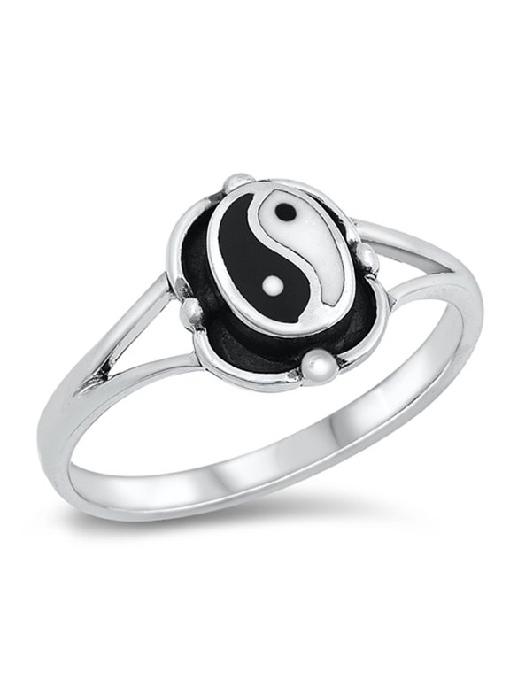 CHOOSE YOUR COLOR Retro Black White Yin Yang 90s Style Ring .925 Sterling Silver Band Jewelry Female Size 5
