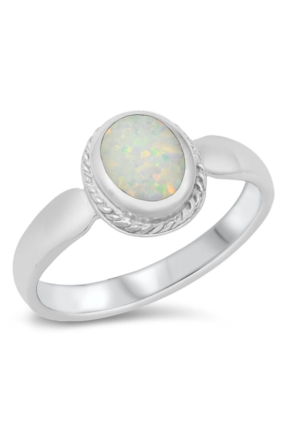 CHOOSE YOUR COLOR Rope Halo Oval Ring White Simulated Opal .925 Sterling Silver Band CZ Female Size 5