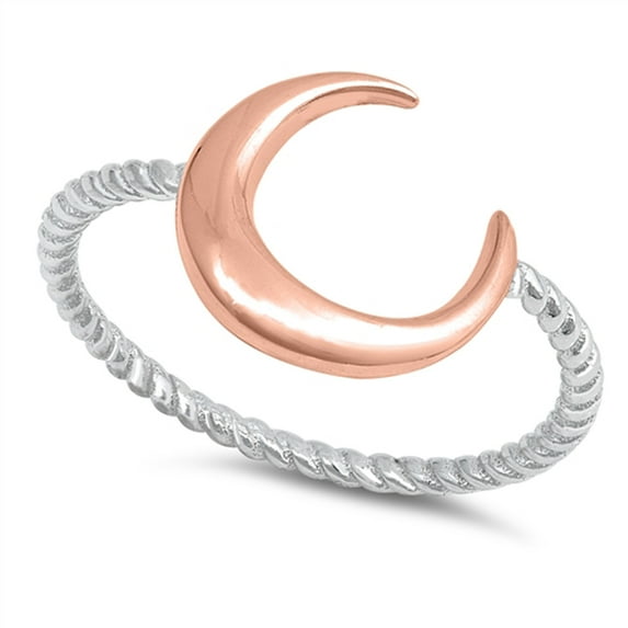 CHOOSE YOUR COLOR Rose Gold-Tone Crescent Moon Ring 925 Sterling Silver Rope Twist Band Female Size 4