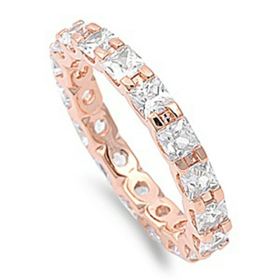 CHOOSE YOUR COLOR Rose Gold-Tone Eternity Square Clear CZ Ring 925 Sterling Silver Band White Female Size 6