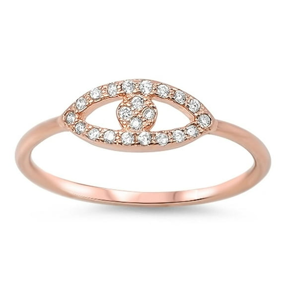 CHOOSE YOUR COLOR Rose Gold-Tone Evil Eye White CZ Ring .925 Sterling Silver Band Female Size 4