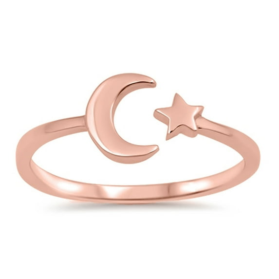 CHOOSE YOUR COLOR Rose Gold-Tone Moon Star Celestial Ring .925 Sterling Silver Band Jewelry Female Size 3