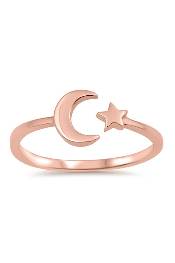 CHOOSE YOUR COLOR Rose Gold-Tone Moon Star Celestial Ring .925 Sterling Silver Band Jewelry Female Size 5