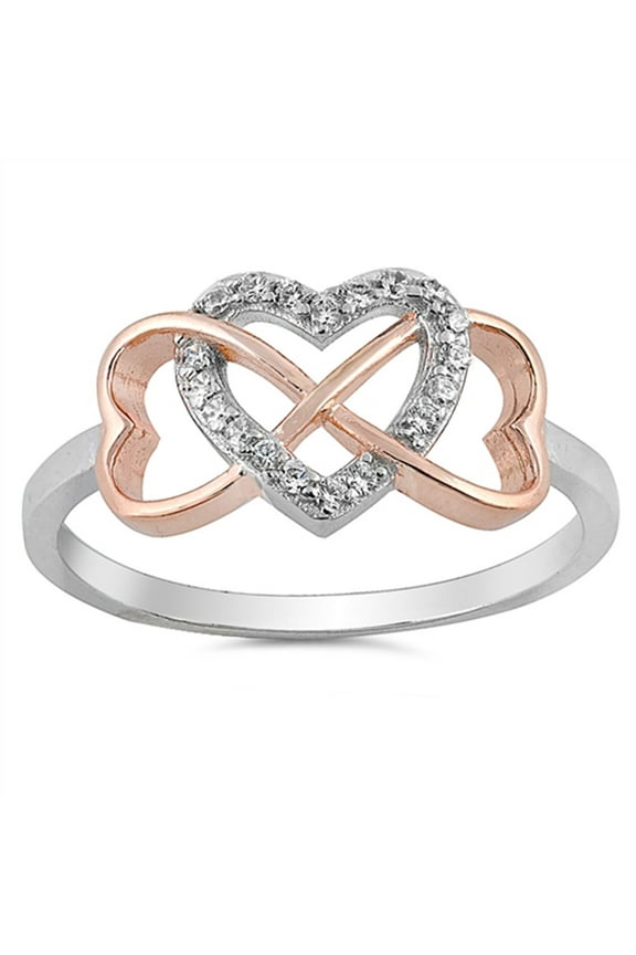 CHOOSE YOUR COLOR Rose Gold-Tone White CZ Heart Infinity Ring .925 Sterling Silver Female Size 4