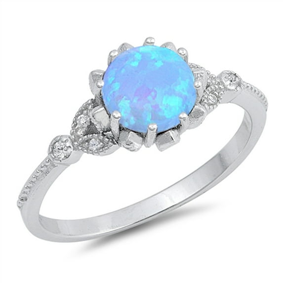 CHOOSE YOUR COLOR Round Blue Simulated Opal Flower Design Ring .925 Sterling Silver Band White CZ Female Size 8