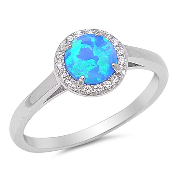 CHOOSE YOUR COLOR Round Blue Simulated Opal Halo Ring .925 Sterling Silver Band White CZ Female Size 11