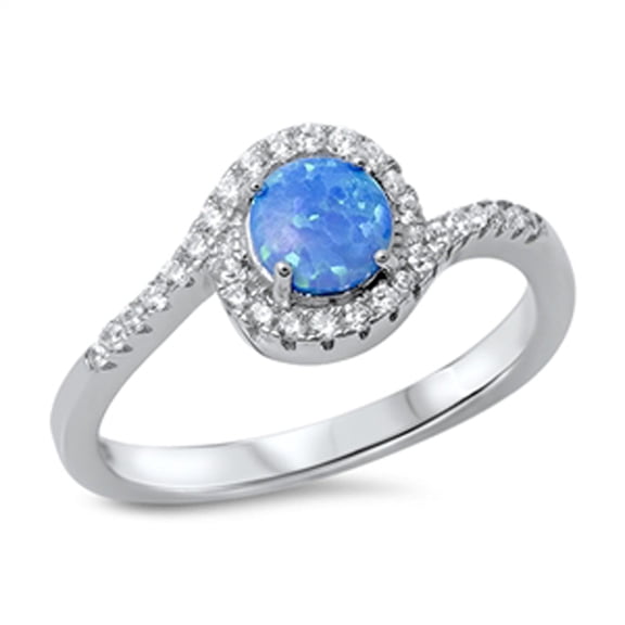 CHOOSE YOUR COLOR Round Blue Simulated Opal Halo White CZ Ring .925 Sterling Silver Band Female Size 7