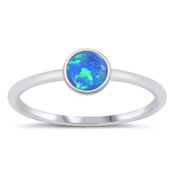 CHOOSE YOUR COLOR Round Blue Simulated Opal Ring .925 Sterling Silver Band CZ Female Size 4