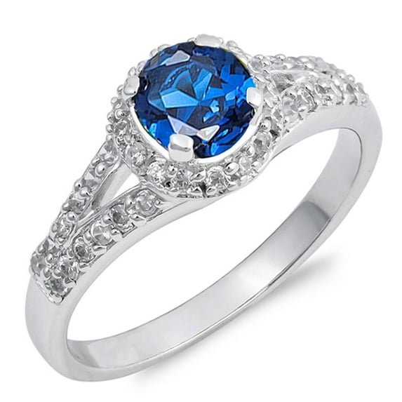 CHOOSE YOUR COLOR Round Blue Simulated Sapphire Solitaire Halo Ring .925 Sterling Silver Band CZ Female Size 8