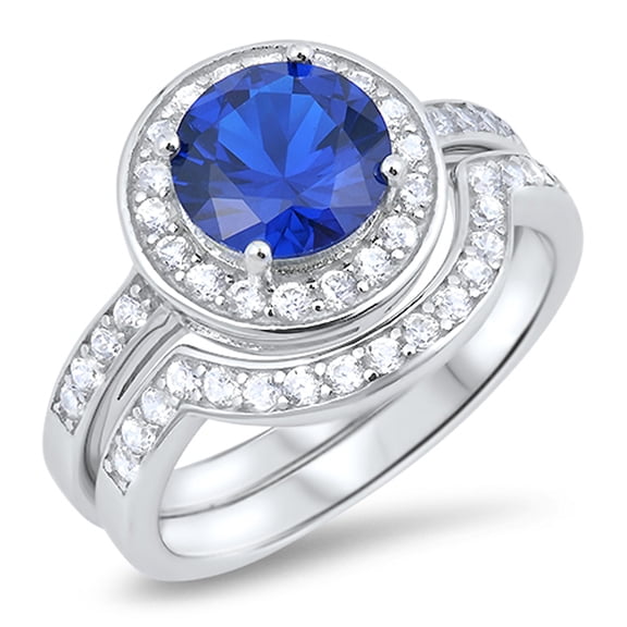 CHOOSE YOUR COLOR Round Blue Simulated Sapphire Wedding Ring Set .925 Sterling Silver Band CZ Female Size 7